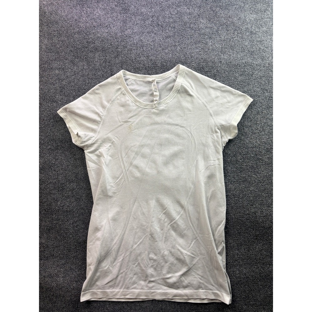 Lululemon Swiftly Tech Short Sleeve Crew Women 12 White Grey Striped Activewear